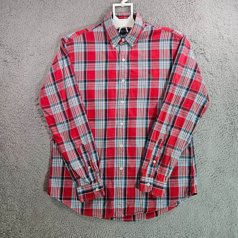 Ralph Lauren Shirt Men Large Custom Fit Cotton Button Up Long Sleeve Red Plaid